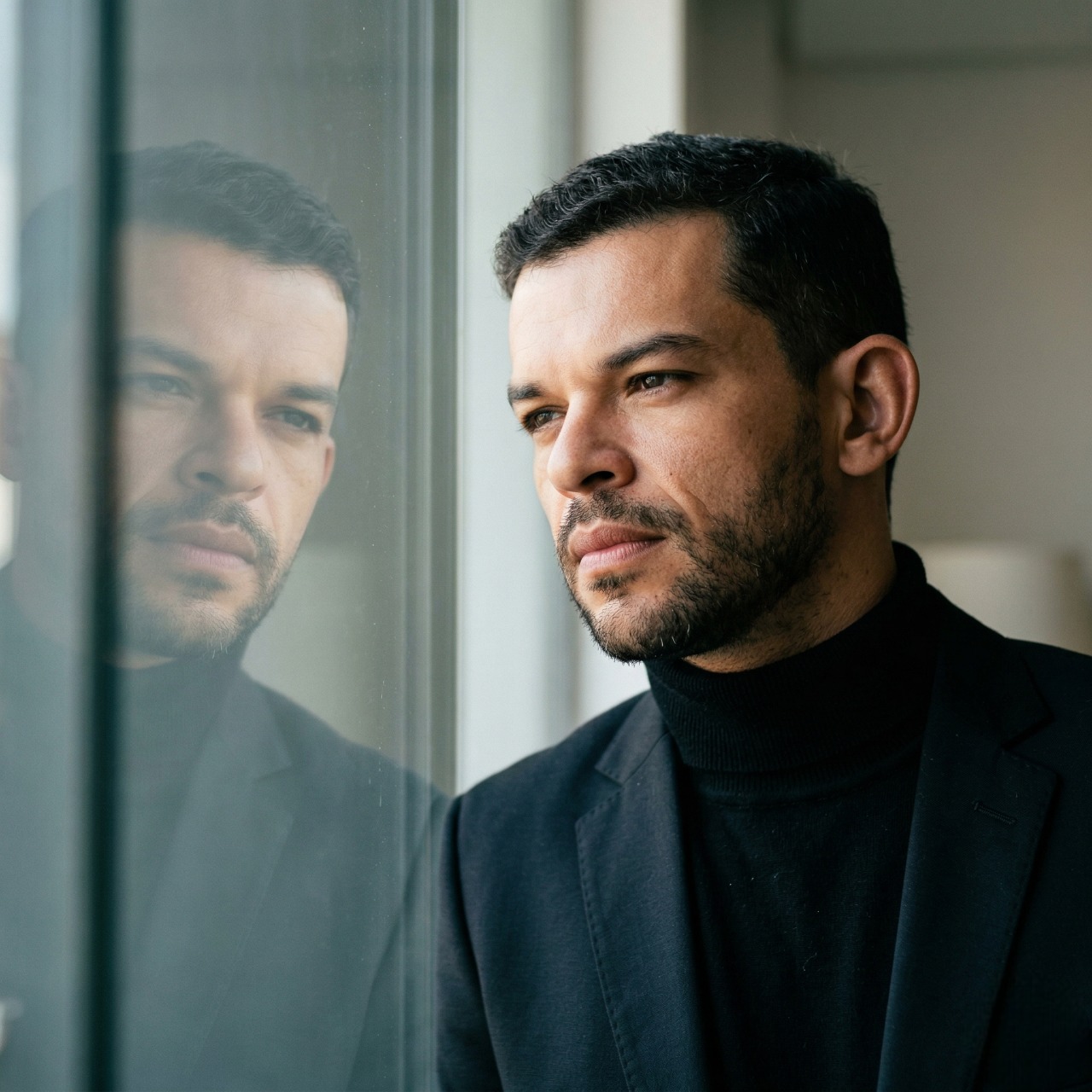 Lucas Medeiros olhando pela janela — profissional de marketing para estética